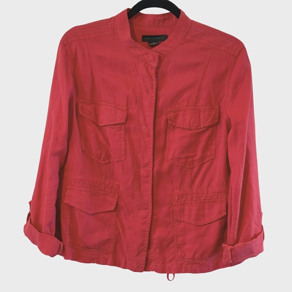 Sanctuary M Lightweight Cherry Red Jacket sinch waist roll tab sleeves snap up